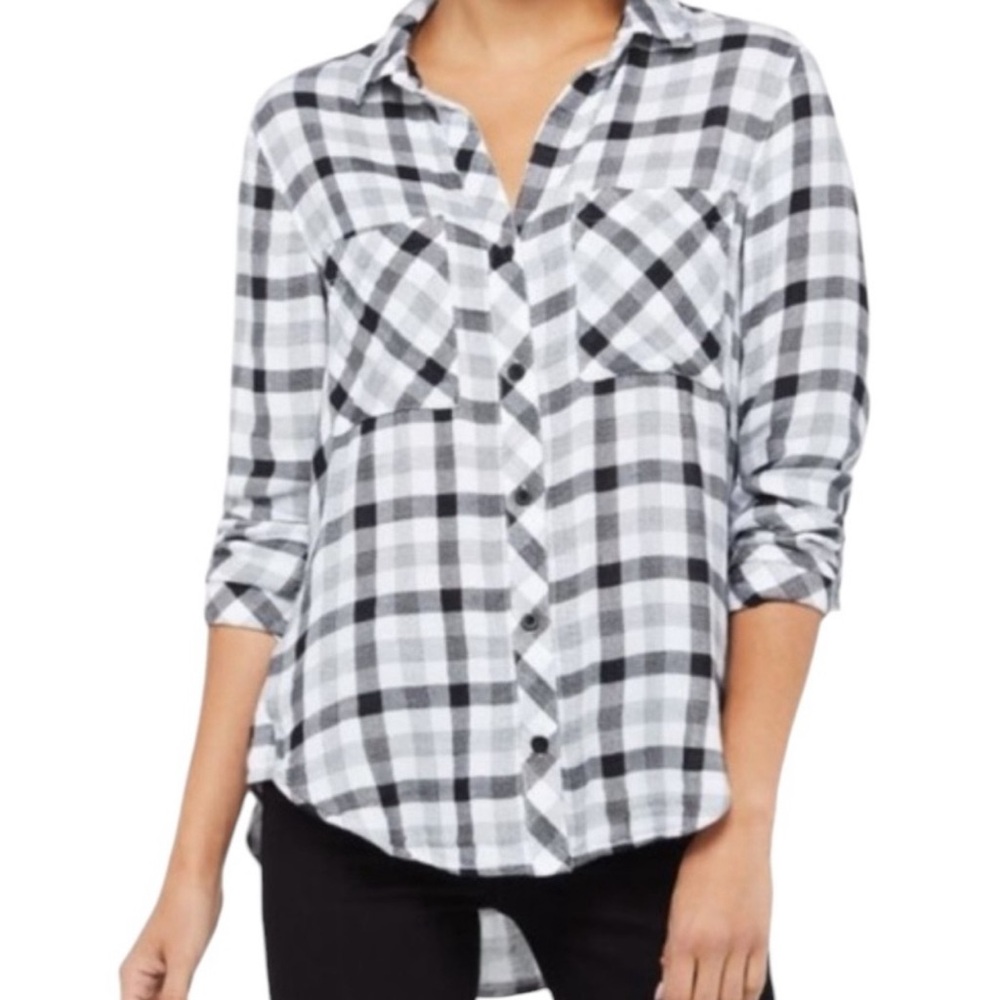 Cloth & Stone Plaid Button Down Shirt Black White Gray Long Sleeve Medium